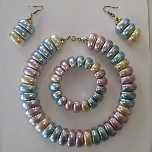 RARE! EVC 80's PLASTIC CHUNKY METALLIC PASTEL JEWELRY SET - Picture 1 of 12